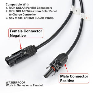 Photo of Rich Solar - 100 Watt Mono Solar Panel Black compatible with 1. Rich Solar parallel connectors, 2. Rich Solar Cable from Solar Panel to Charge Controller, 3. Any model of Rich Solar panels. There’s an arrow pointing on the left end of the panel leads that indicates the Female Connector Negative, and an arrow pointing on the right end of the panel leads that indicates the Male Connector Positive. Both Waterproof work in Series or in Parallel.
