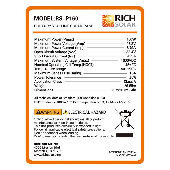 Rich Solar - 160 Watt 12V Poly Solar Panel