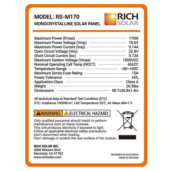 Rich Solar - 170 Watt 12V Mono Solar Panel