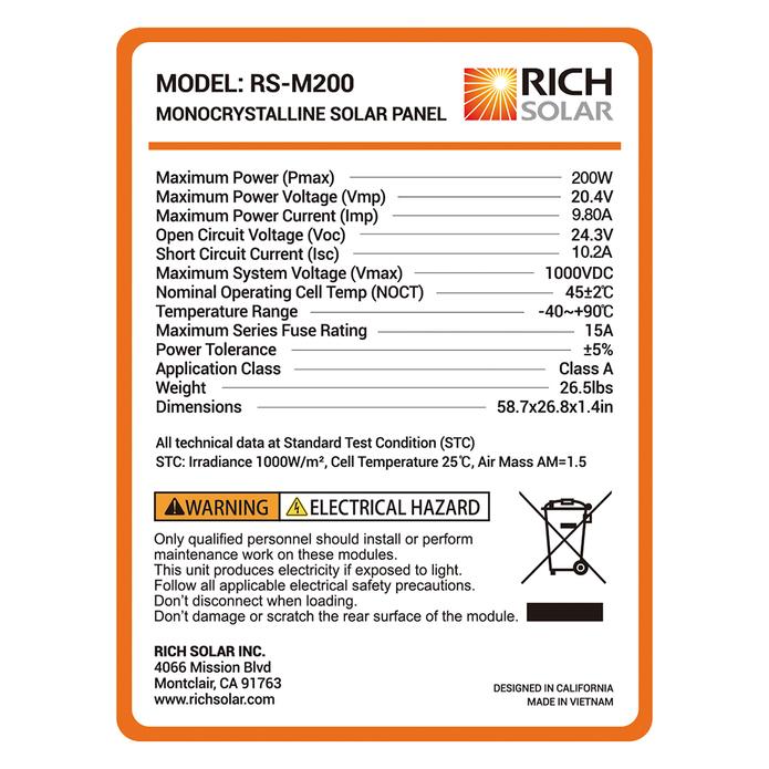 Rich Solar - 200 Watt Mono Solar Panel