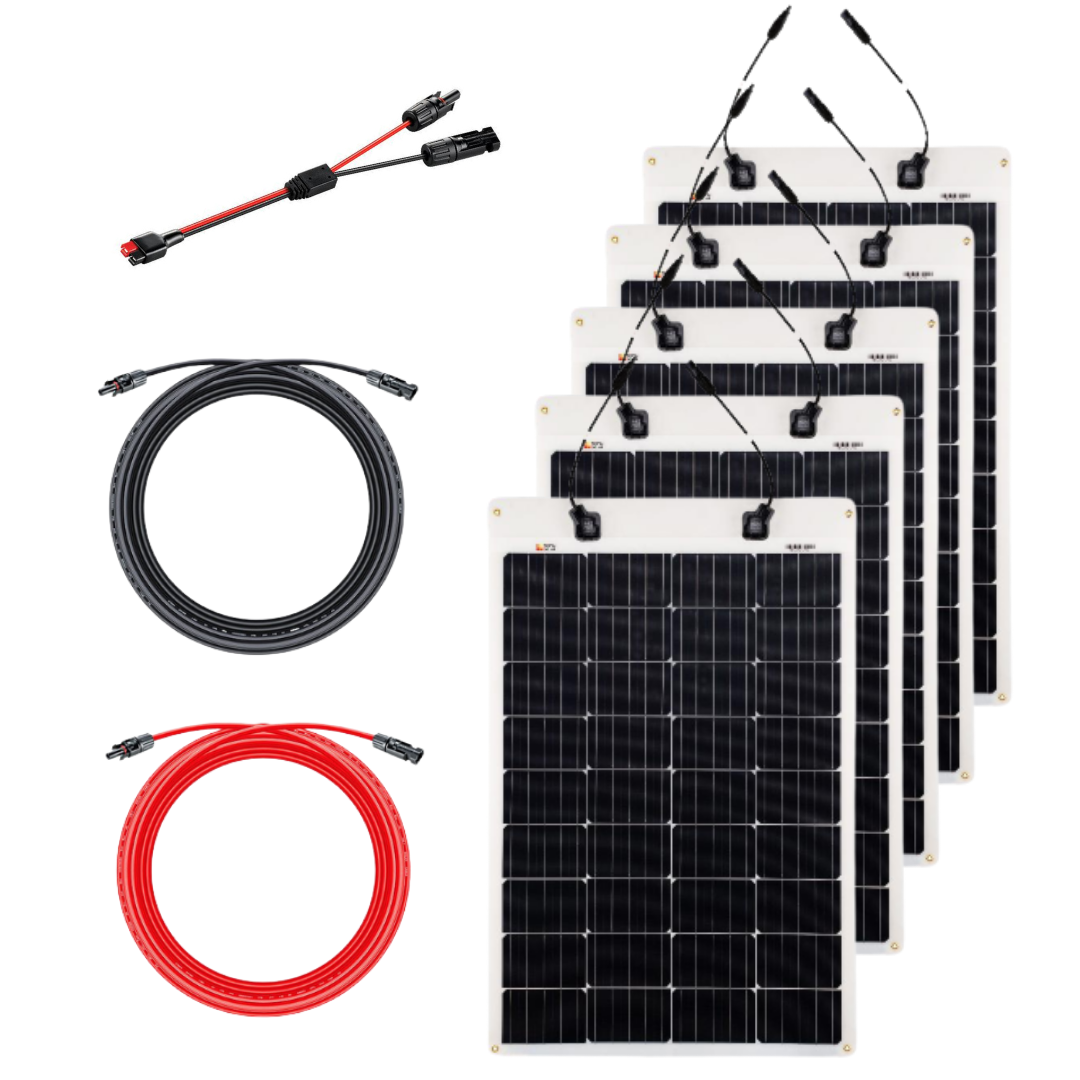 Photo of •	5 x 100 Watt Flexible Solar Panel •	1 x 50' #10 Gauge Solar Extension Cable (Red),  •	1 x 50' #10 Gauge Solar Extension Cable (Black),  •	1 x Anderson Adapter to MC4 Cable