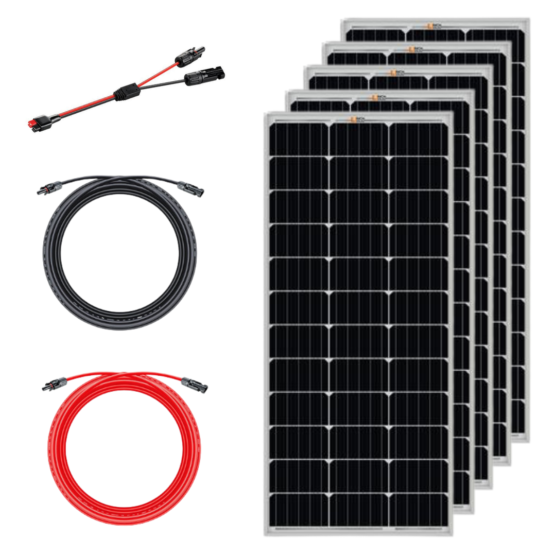 Photo of 5 x 100 Watt Monocrystalline Solar Panels 1 x 50&#39; #10 Gauge Solar Extension Cable (Red),  1 x 50&#39; #10 Gauge Solar Extension Cable (Black),  1 x Anderson Adapter to MC4 Cable