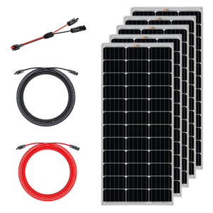 Photo of 5 x 100 Watt Monocrystalline Solar Panels 1 x 50' #10 Gauge Solar Extension Cable (Red),  1 x 50' #10 Gauge Solar Extension Cable (Black),  1 x Anderson Adapter to MC4 Cable