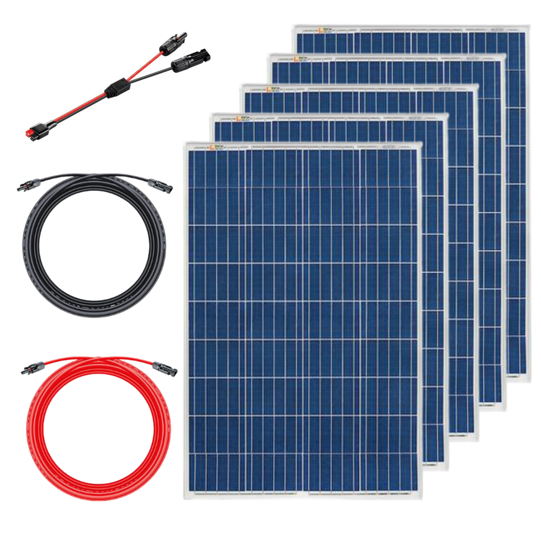 Photo of 5 x 100 Watt Polycrystalline Solar Panel 1 x 50' #10 Gauge Solar Extension Cable (Red),  1 x 50' #10 Gauge Solar Extension Cable (Black),  1 x Anderson Adapter to MC4 Cable