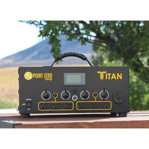 Picture of the Titan Solar Generator outdoor placed in a wooden base. - Point Zero Energy Generators