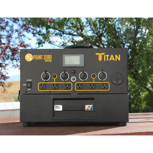 Picture of the Titan Solar Generator with one 2000 watt-hour Battery outdoor placed in a wooden base. - Point Zero Energy Generators