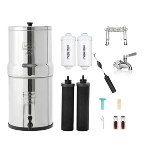 Picture of the Stainless Steel Travel Berkey Water System with the Berkey Water Filters and Accessories