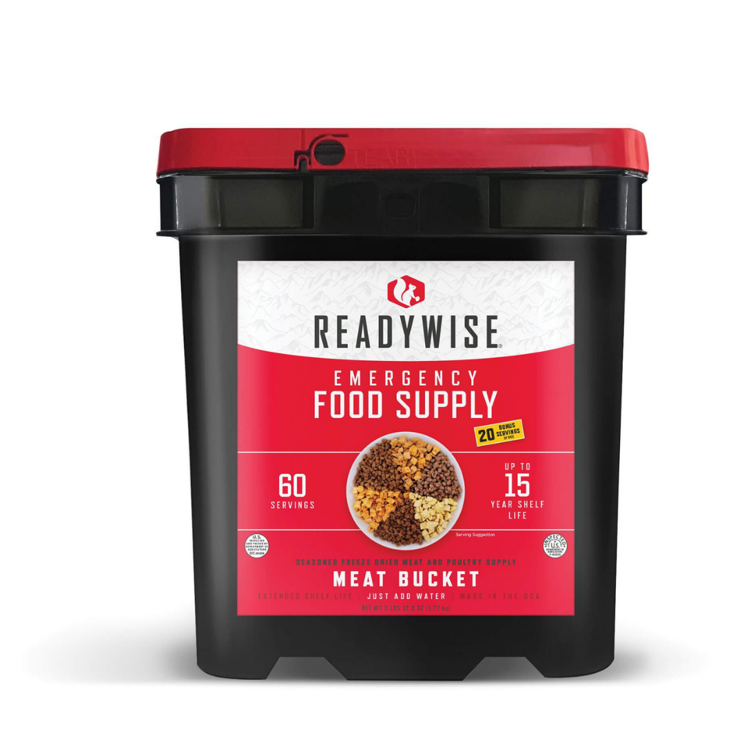 ReadyWise Emergency Food Supply - 60 Serving Freeze Dried Meat Bucket + 20 Servings of Rice