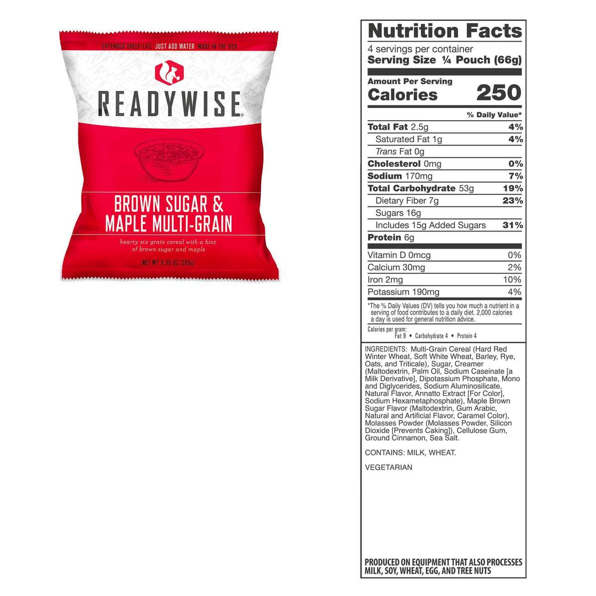 Wise Food Storage - 1080 Serving Package - 186 LBS 30 pouches of Brown Sugar and Maple Multi-Grain Cereal (120 Servings)