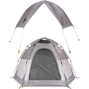 Photo of the front view of the Catoma Raven tent in a white background with detachable roof at the top.
