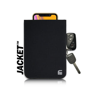Picture of a Cell phone black canvas X-large privacy protection 4.5 x 6.5 Bag with a cellphone inside it beside a car key.
