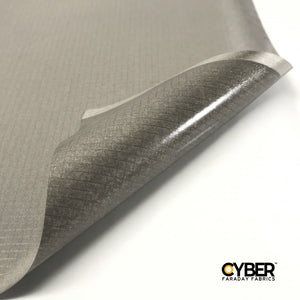 Picture of CYBER Faraday Fabric Adhesive EMF RF Shielding Nickel Copper Rip-Stop Fabric Roll 50″ x 1′ with Cyber faraday fabrics logo on the lower right corner.