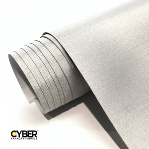 Picture of CYBER Faraday Fabric Adhesive EMF RF Shielding Nickel Copper Rip-Stop Fabric Roll 50″ x 1′ with Cyber faraday fabrics logo on the lower left corner.