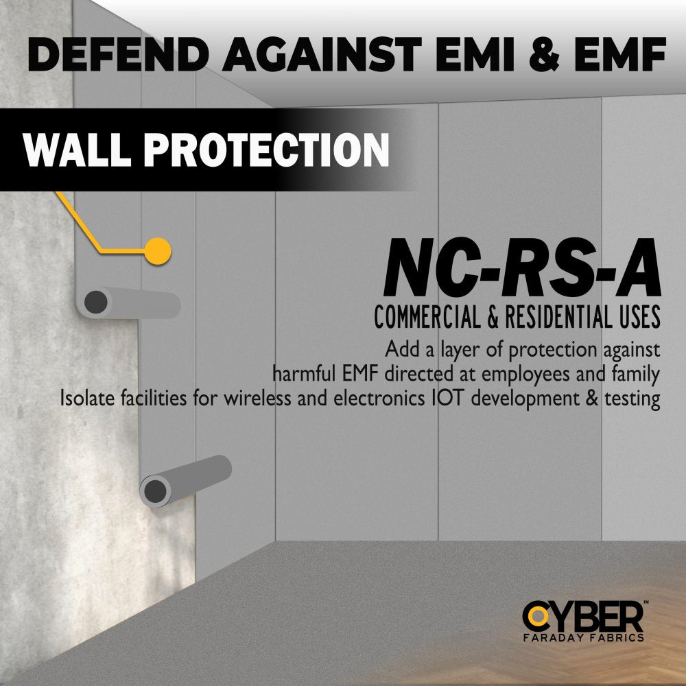 Picture of CYBER Faraday Fabric Adhesive EMF RF Shielding Nickel Copper Rip-Stop Fabric Roll 50″ x 1′ that has a wall protection that defend against EMI &amp; EMF. NC-RS-A Commercial &amp; Residential uses, add a layer of protection against harmful EMF directed at employees and family, Isolate facilities for wireless and electronics IOT development and testing.