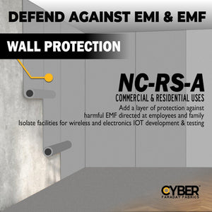 Picture of CYBER Faraday Fabric Adhesive EMF RF Shielding Nickel Copper Rip-Stop Fabric Roll 50″ x 1′ that has a wall protection that defend against EMI & EMF. NC-RS-A Commercial & Residential uses, add a layer of protection against harmful EMF directed at employees and family, Isolate facilities for wireless and electronics IOT development and testing.