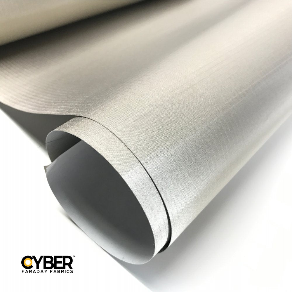 Picture of CYBER Faraday Fabric Adhesive EMF RF Shielding Nickel Copper Rip-Stop Fabric Roll 50″ x 1′ with Cyber faraday fabrics logo on the lower left corner.