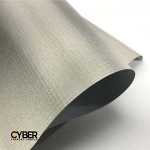 Picture of CYBER Faraday Fabric Adhesive EMF RF Shielding Nickel Copper Rip-Stop Fabric Roll 50″ x 1′ with Cyber faraday fabrics logo on the lower left corner.