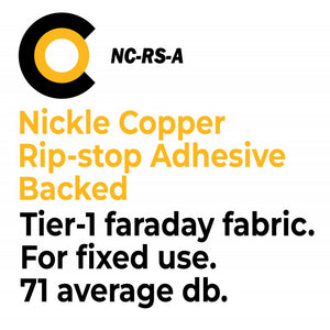 Picture of CYBER Faraday Fabric Adhesive EMF RF Shielding Nickel Copper Rip-Stop Fabric Roll 50″ x 1′. that says Nickel Copper Rip-stop Adhesive Backed Tier-1 faraday Fabric, for fixed use, 71 average db.