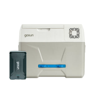 Picture of GoSun Chill Portable Solar Fridge with Powerbank on the left side in a white background.
